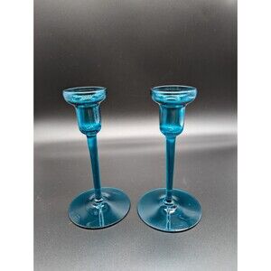 Pair VTG Blown Turquoise Blue Glass Candlesticks Candle Tapers Holders 6.25"